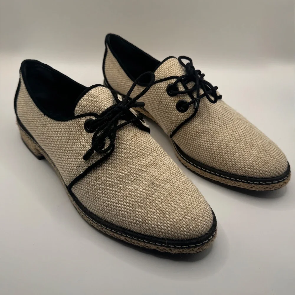 Tory Burch Beige Woven Espadrille Oxford Lace Up Flats Black Trim Women's 7.5M